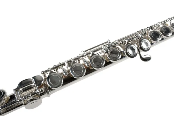 Detalhe de uma flauta de prata no branco — Fotografia de Stock