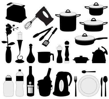 Dishes, pan, mixer and other kitchen obj clipart