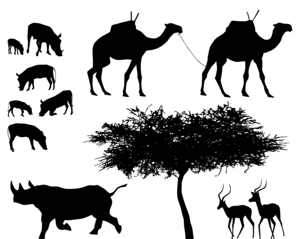 Arbres et animaux exotiques, ensemble vectoriel — Image vectorielle