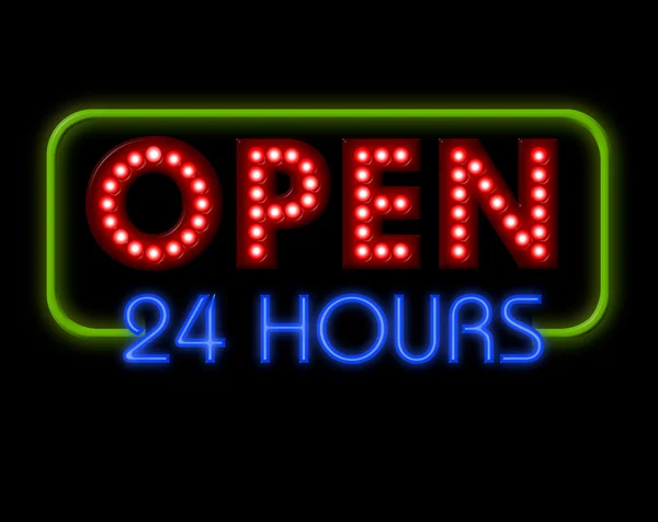 Öppna neonskylt 24 timmar — Stockfoto