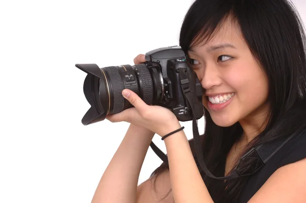 Modelo segurando câmera — Fotografia de Stock