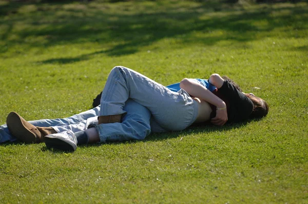 Teenager umarmen sich auf Gras Stockbild