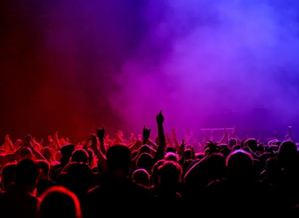 红、 粉红、 蓝灯及音乐会的人群 — 图库照片