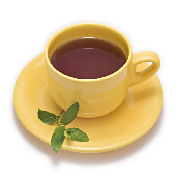 Cup of tea on the saucer with mint — Stock Photo, Image