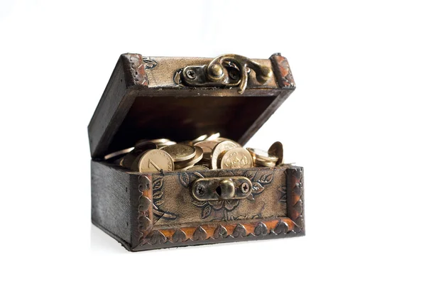 stock image Wooden chest with coins