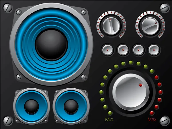 Haut-parleurs bleus avec amplificateur et boutons — Image vectorielle