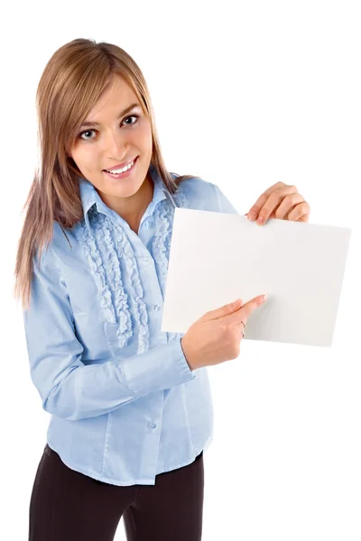 Beautiful business woman holding a blank — Stock Photo, Image