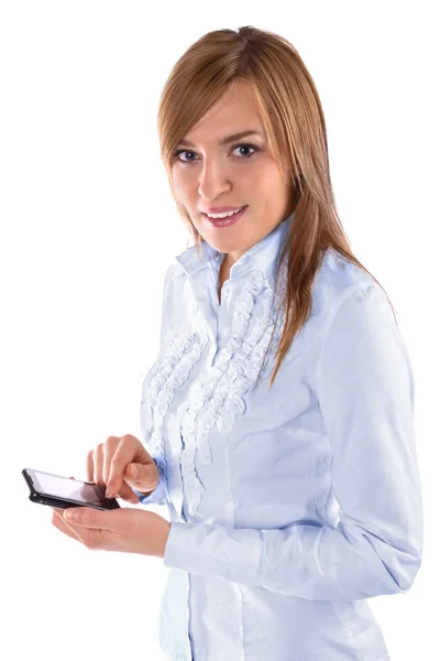 Schöne Geschäftsfrau in der Hand eines Telefons — Stockfoto