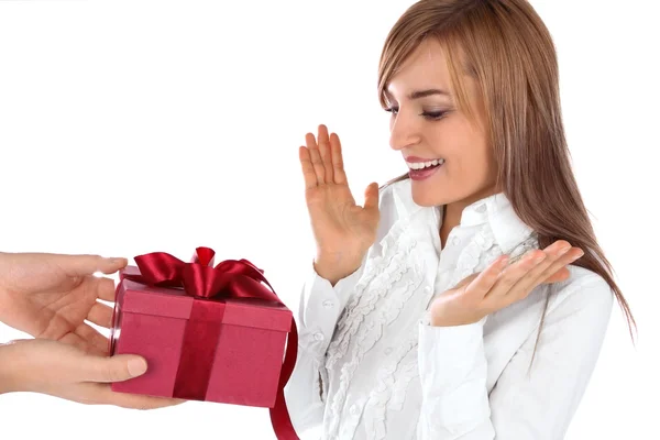 Young beautiful woman with gift — Stock Photo, Image