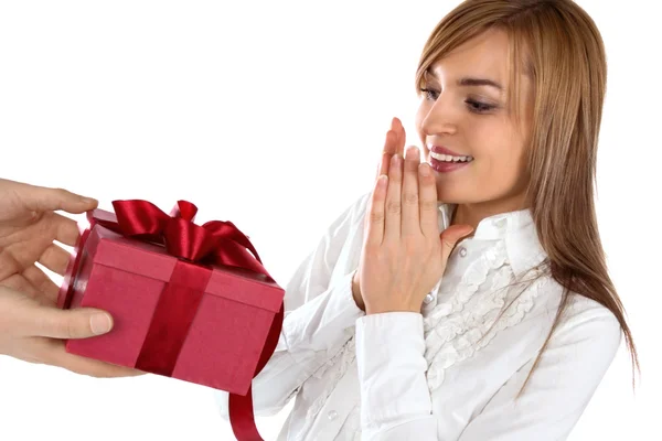 Beautiful happy girl with a gift — Stock Photo, Image