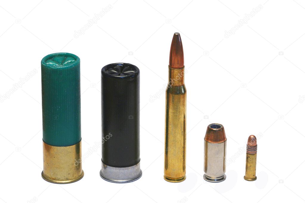 Isolated assorted ammunition on white