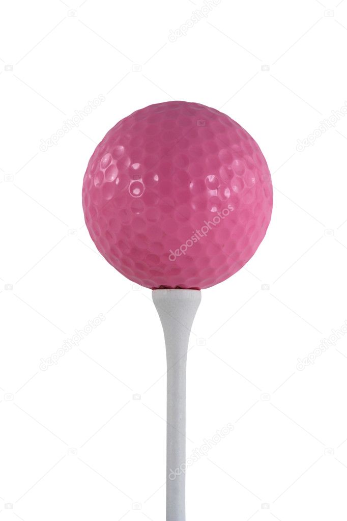 Isolated pink golf ball on a white tee