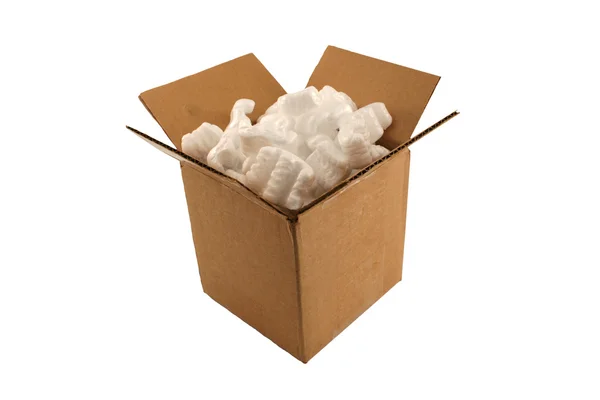 Geïsoleerde open kartonnen doos met verpakking — Stockfoto