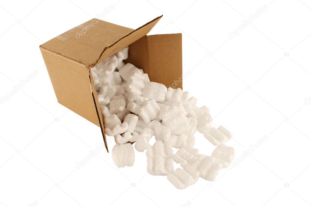 Isolated open cardboard box with spilled