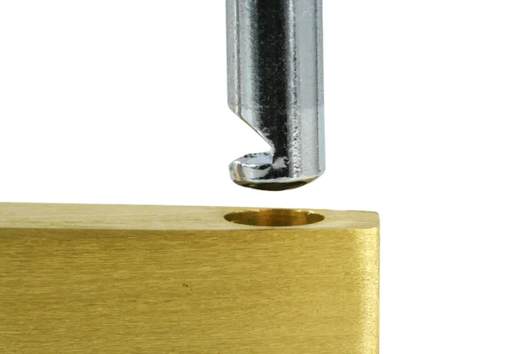 Isolated Brass open lock on white macro — Stock Photo, Image