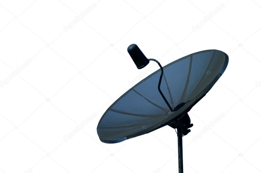 Black satellite dish against a blue sky