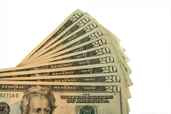 Vinte notas de dólar espalhadas — Fotografia de Stock