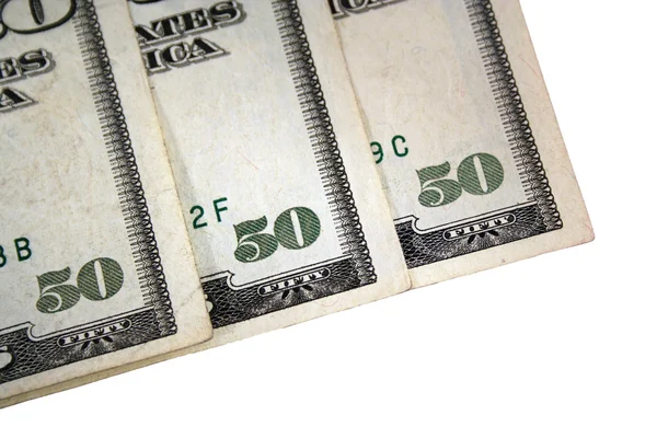 Hoek van drie Amerikaanse vijftig dollarbiljetten — Stockfoto