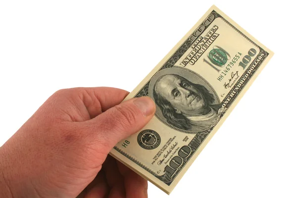 Cem notas de dólar numa mão — Fotografia de Stock