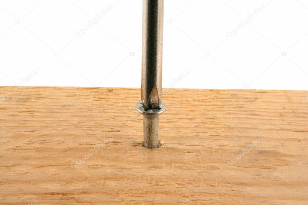 Screwdriver driving a screw into wood