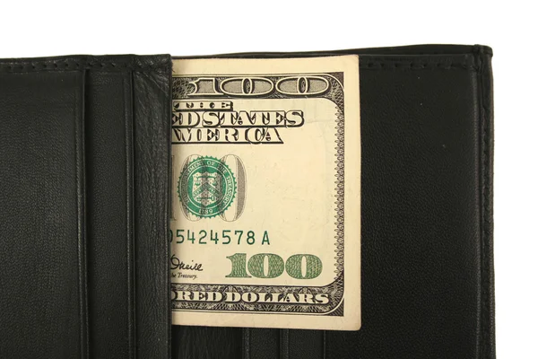 Черный бумажник и стодолларовая купюра — стоковое фото