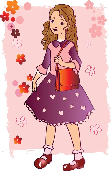 Flicka i en klänning med en handväska Stockillustration
