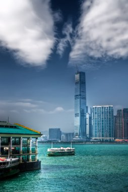 Green ferry berthed at Harbor clipart