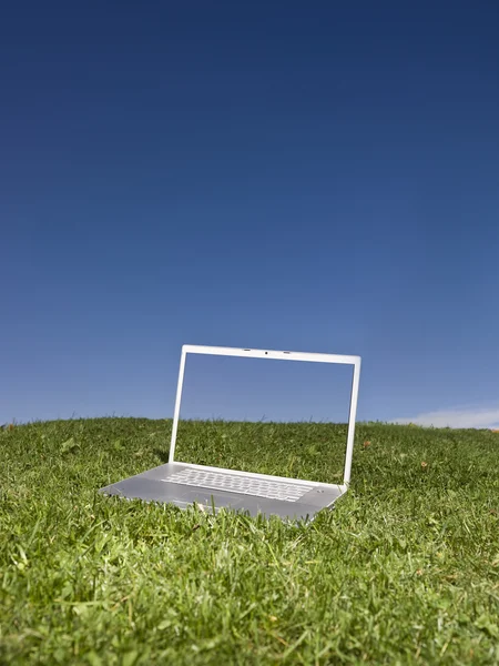 Ноутбук на открытом воздухе на зеленом поле — стоковое фото