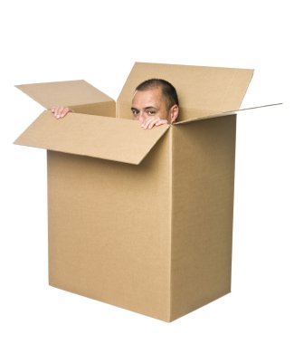 Man in a cardboard box. clipart