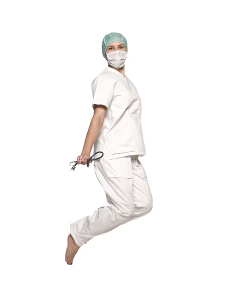Hoppande sjuksköterska — Stockfoto