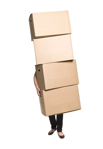 Kvinna med fyra lådor — Stockfoto