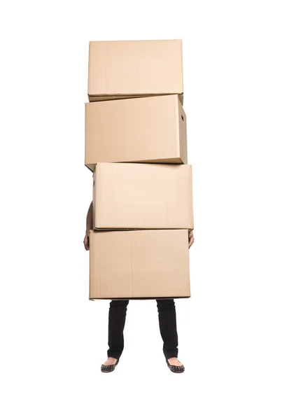 Kvinna med fyra lådor — Stockfoto