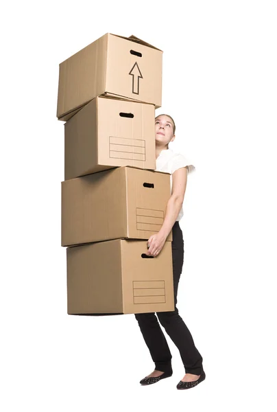Mujer con cuatro cajas — Foto de Stock