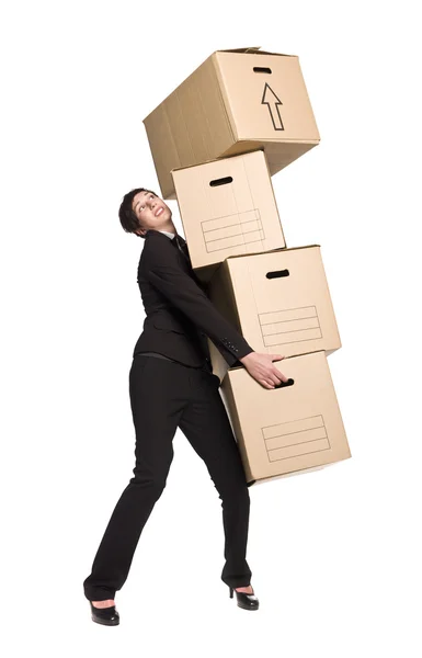 Woman with four boxes — 图库照片