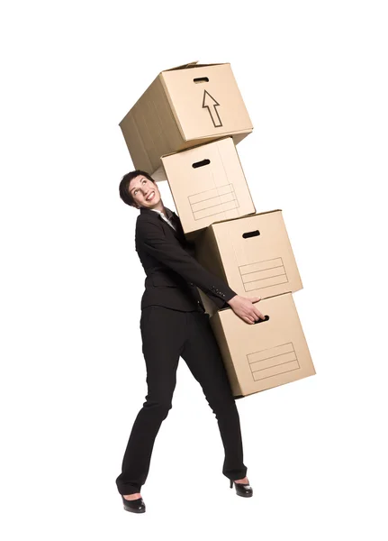 Mujer con cuatro cajas — Foto de Stock