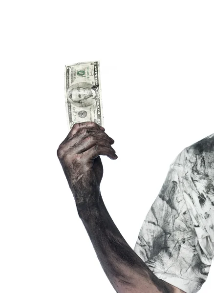 Smutsig hand med en dollarsedel — Stockfoto