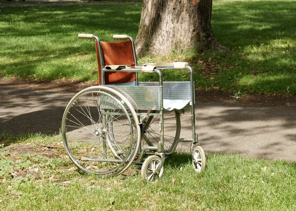Napraforgómag-olaj공원에 오래 된 휠체어 — 스톡 사진