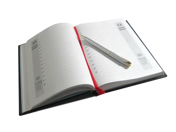 Megnyitott notebook és a toll — Stock Fotó