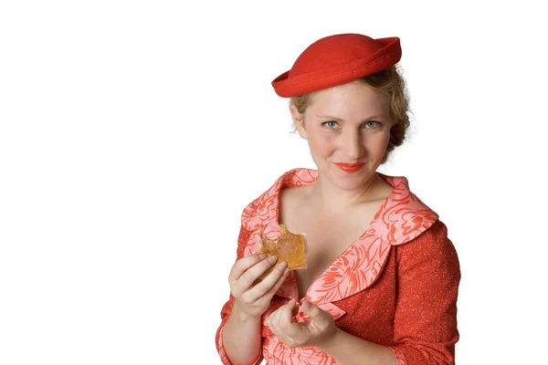 Retro girl med smörgås — Stockfoto