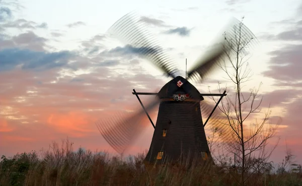 Moinhos de vento no pôr do sol ventoso — Fotografia de Stock
