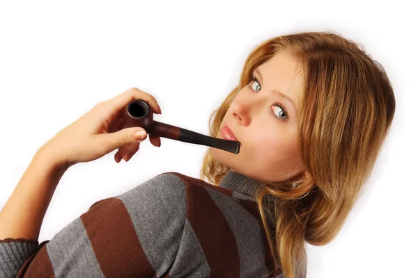 Pretty blond girl with pipe — Stock Photo, Image