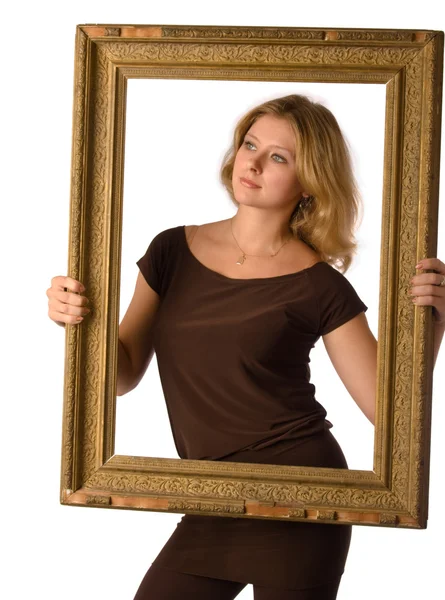 Pretty blonde girl with old frame — Stock Photo, Image