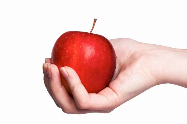 Κόκκινο μήλο στο χέρι γυναίκα απομονωμένη — Φωτογραφία Αρχείου