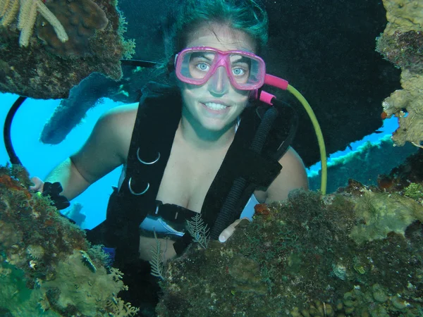 Vrouwelijke duiker plaatse het wrak van een schip Rechtenvrije Stockfoto's
