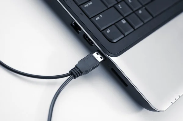 Conecte o cabo USB a um laptop — Fotografia de Stock