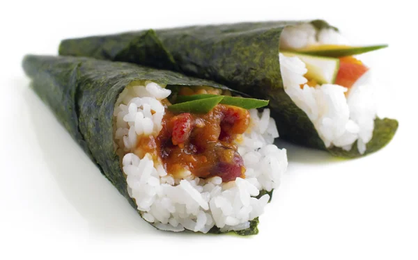 Hand rolled temaki sushi. — Stock Photo, Image