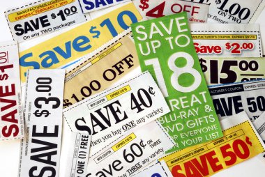 Cut up some coupons to save money clipart