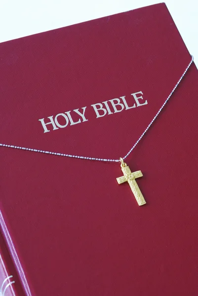 Una cruz dorada en la parte superior de una Biblia roja — Foto de Stock