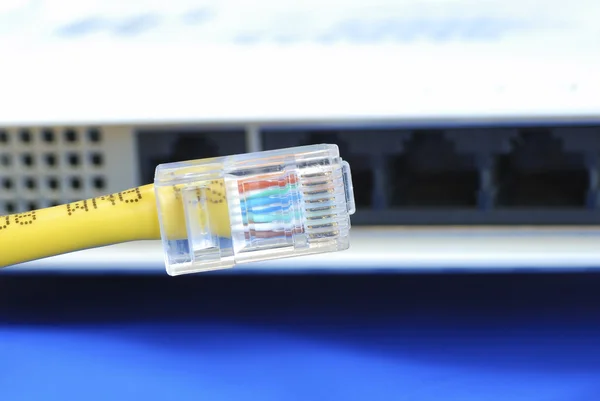 Sluit de ethernet-kabel aan op de router — Stockfoto