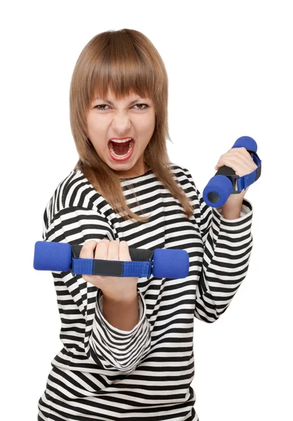 Young girl with dumbbell yells — Stock Photo, Image